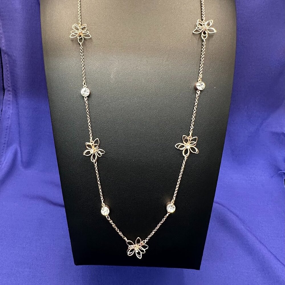 C1946 Long Gold-Tone Flower & Clear Crystal Station Necklace - Picture 5 of 15